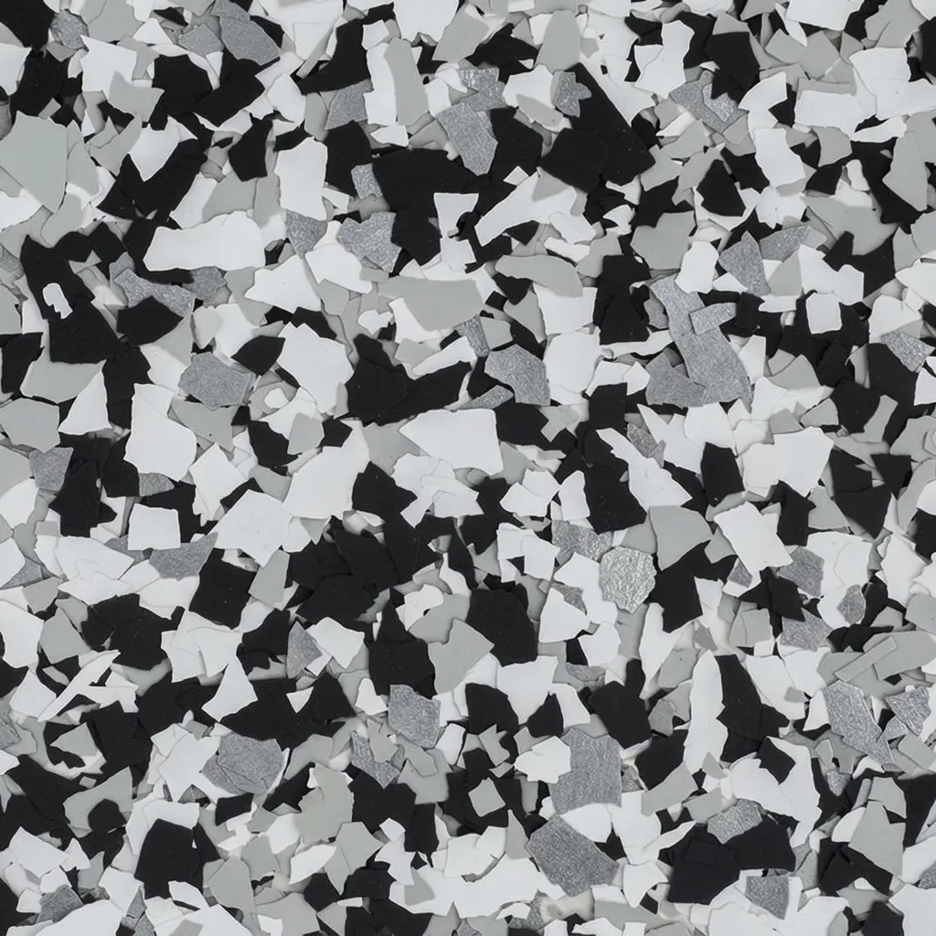 Mica — decorative epoxy flake blend (Silver · charcoal · white) by LB Epoxy Flooring