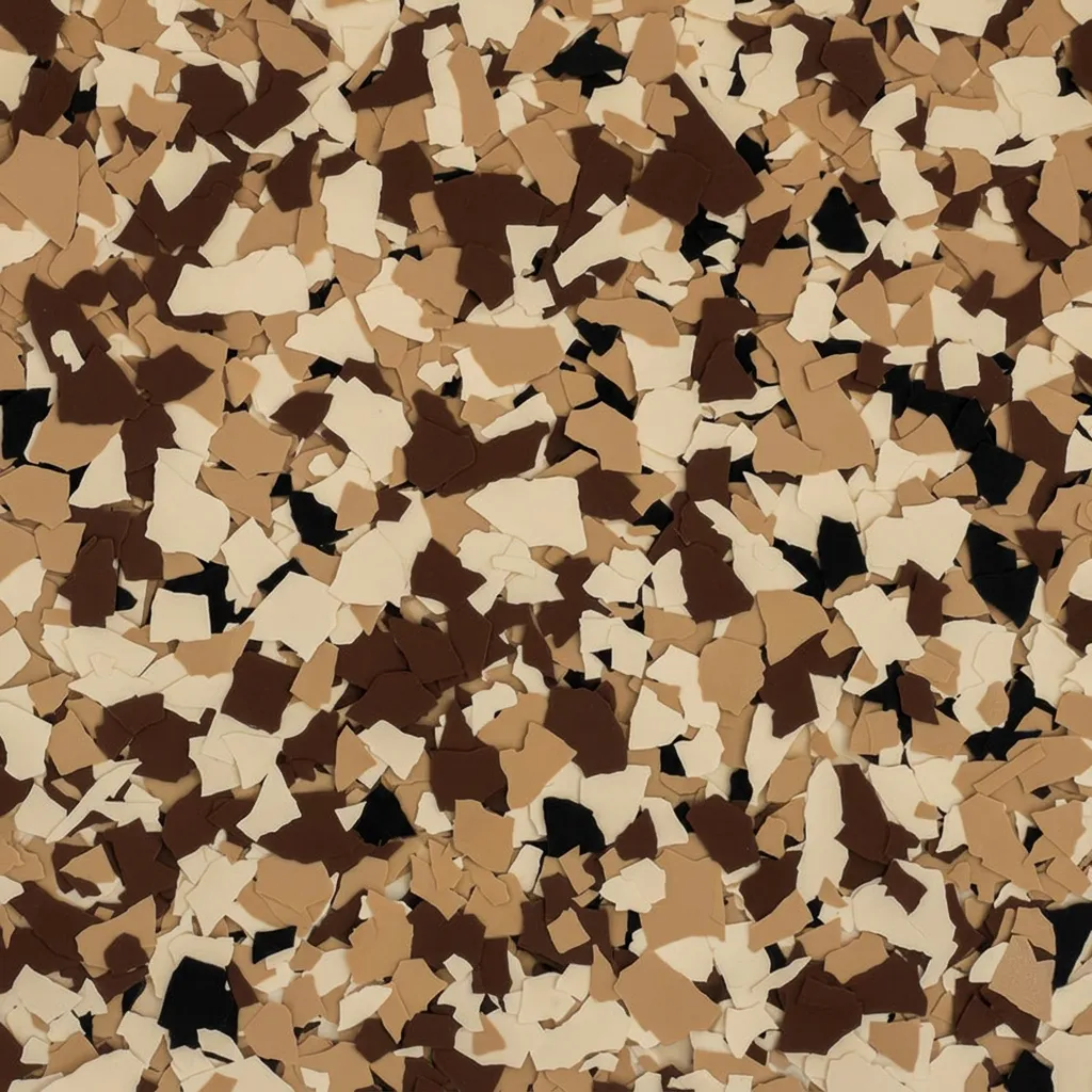 Saddlebrook — decorative epoxy flake blend (Chocolate · tan · cream) by LB Epoxy Flooring